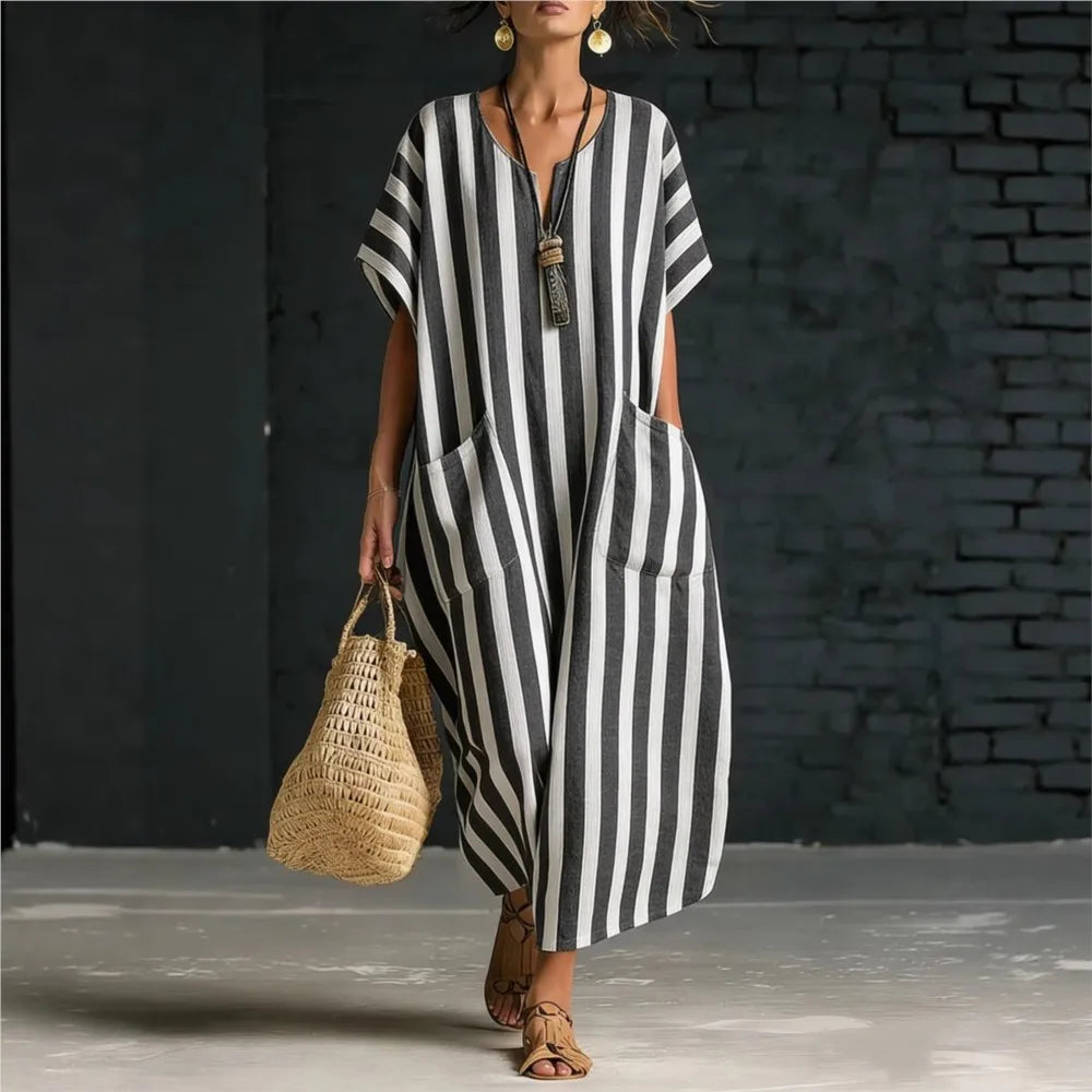 Striped V-Neck Loose Casual Summer Dress