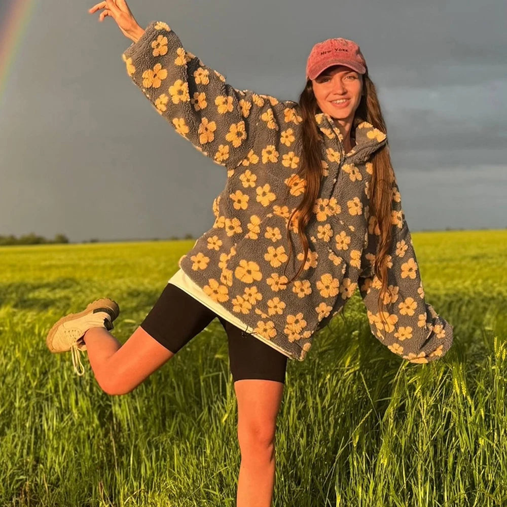 Fashion Print Contrast Pullover Oversized Zipper Knit Long-Sleeve Top  –  Casual, Warm Vintage Sweatshirt for Women, Perfect for Office Wear