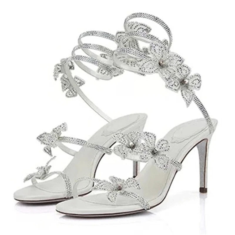 Sexy Crystal Flower High Heel Sandals for Women – Street Style Narrow Band Ankle Strap Party & Dance Shoes