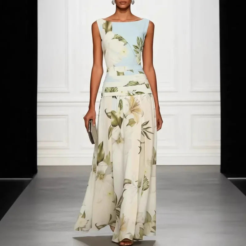 Women's Floral Print Maxi Dress – Sleeveless Slim-Fit A-Line Evening Party Dress