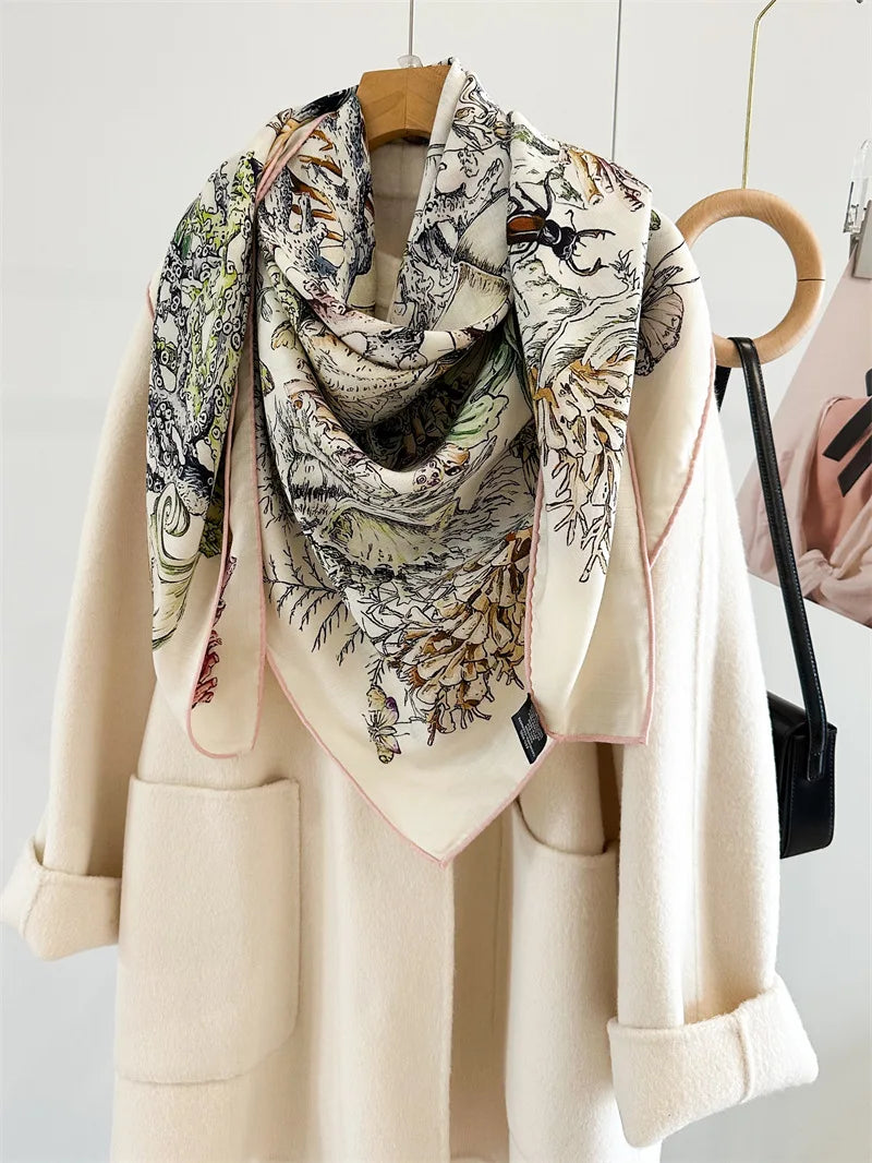 Women’s Silk Wool Shawl Big Square Printed Bandana Scarf