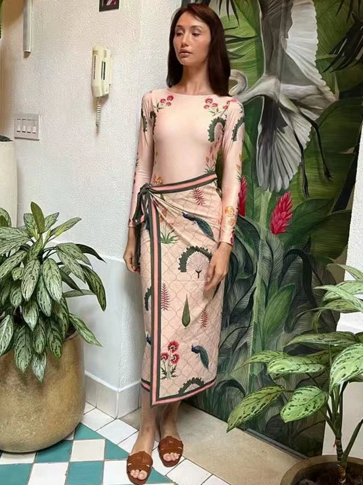 Retro Printed Bikini Set with Skirt Cover-Up - HER SHOP