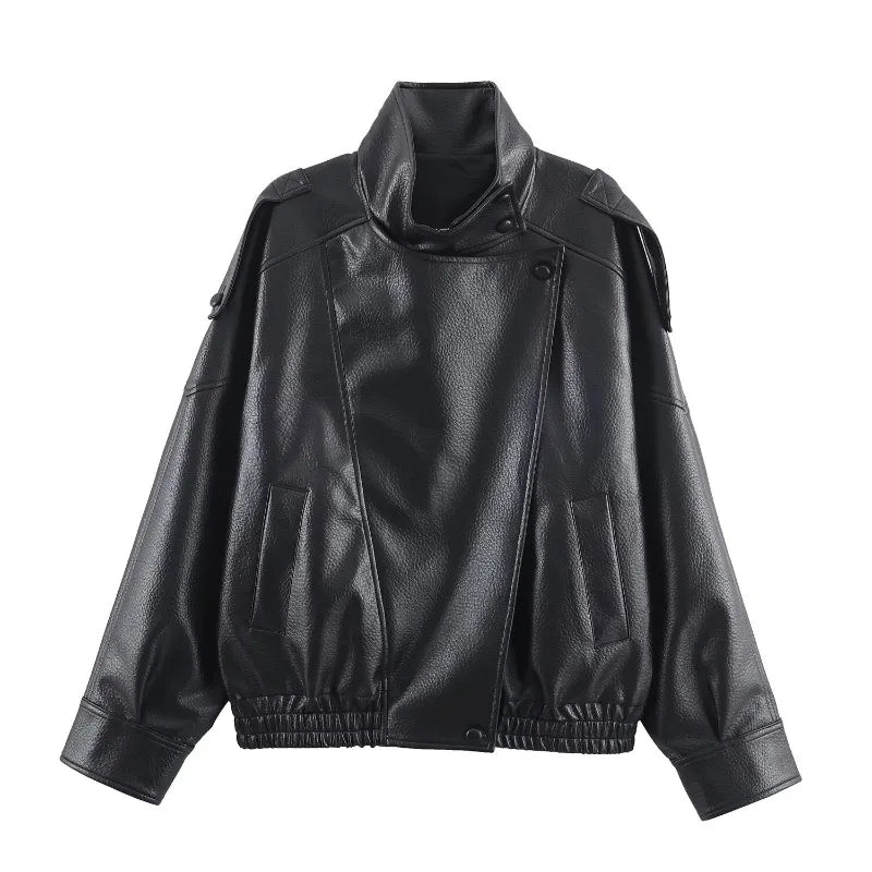 Trendy Solid PU Leather Moto Jacket for Women – Winter 2025 Turtleneck Retro Asymmetrical Vintage Coat