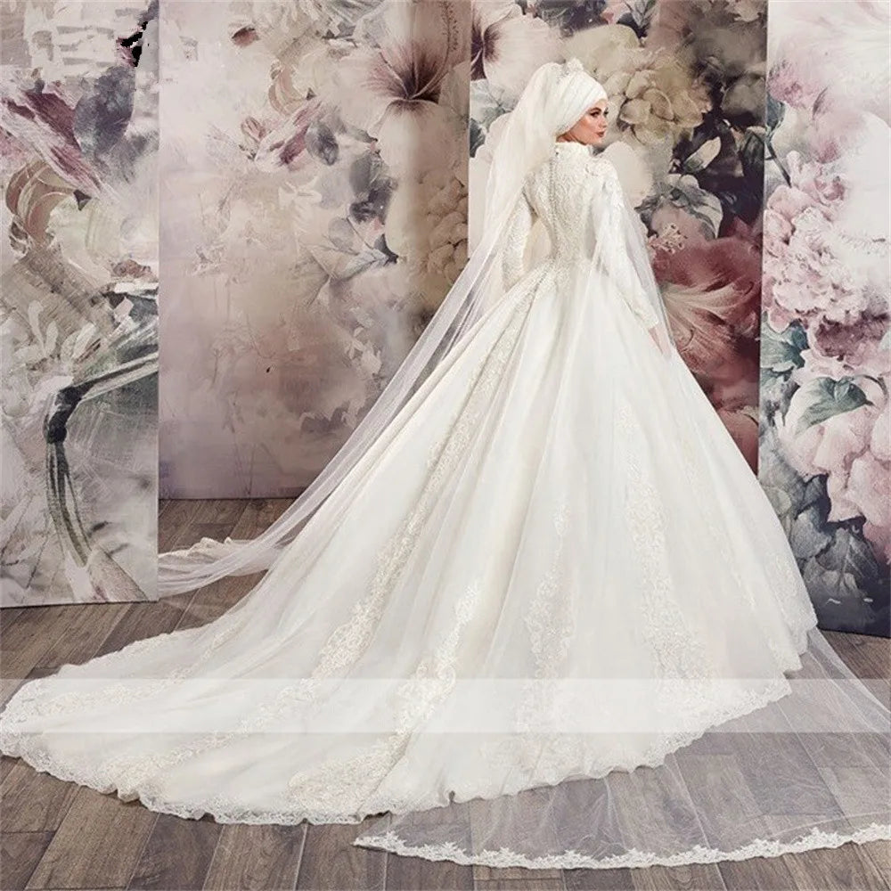 Custom Modest Couture Wedding Dress 2025 High Neck Long Sleeve Tulle Lace with Beading