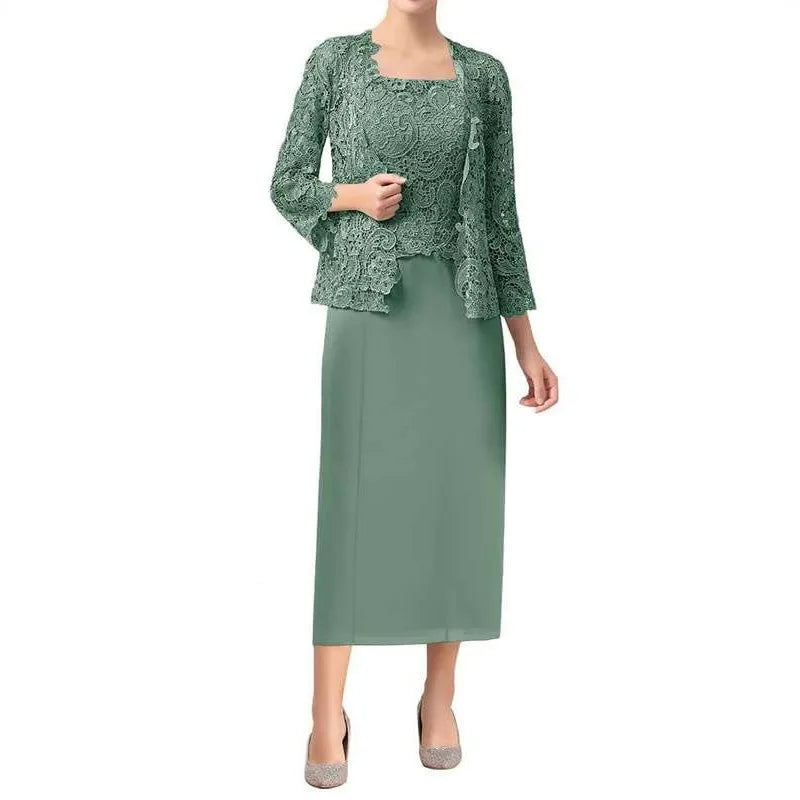 3/4 Sleeves Lace Applique Wedding Guest Dresses Vestido De Festa Longo Chiffon Mother Of The Bride Dress - HER SHOP