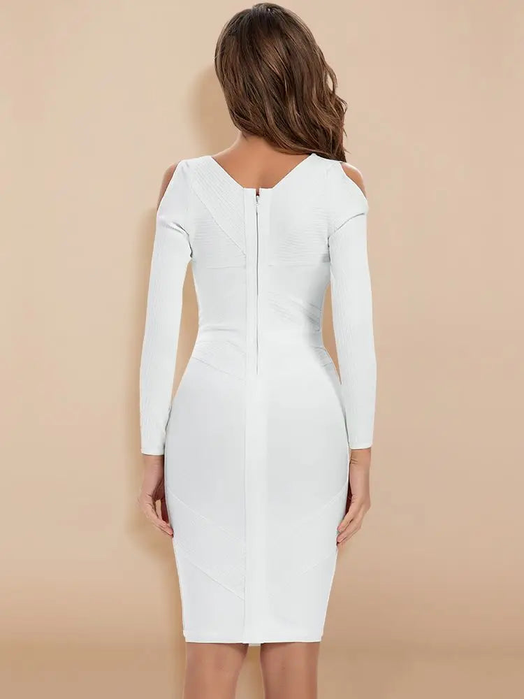 White Long Sleeve Hollow-Out Bandage Bodycon Dress – Sexy V-Neck Runway Party Club Dress