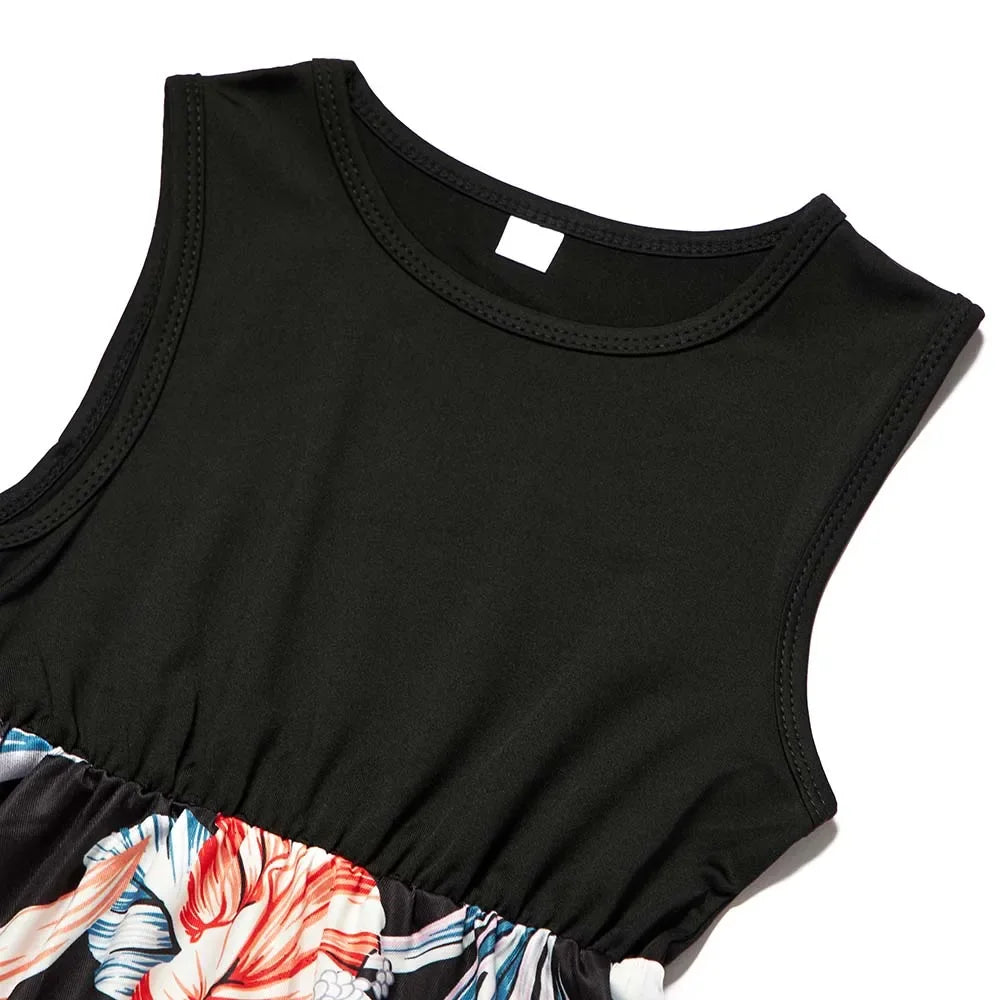 Fashion Mom and Daughter Dress Spring Summer Holiday Beach Dress Floral Patchwork Long Dress Baby Romper Mommy and Me Clothes