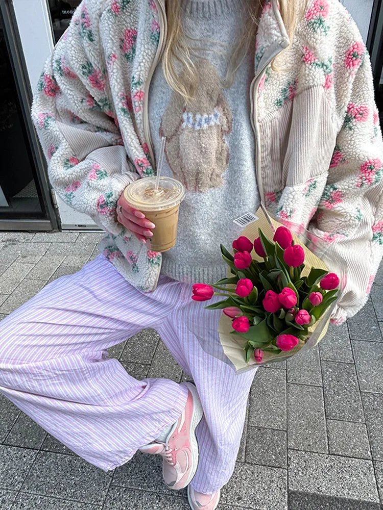 Retro Printed Plush Zipper Short Jacket Women Casual Loose High Neck Pocket Jackets Coat Lady 2025 Versatile Chic Street Outwear