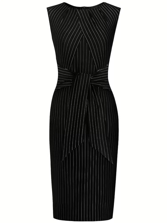 Women's Elegant Black Sleeveless Waist Tie Dress ââ‚¬“ Business Casual Knee-Length Workwear Dress - HER SHOP