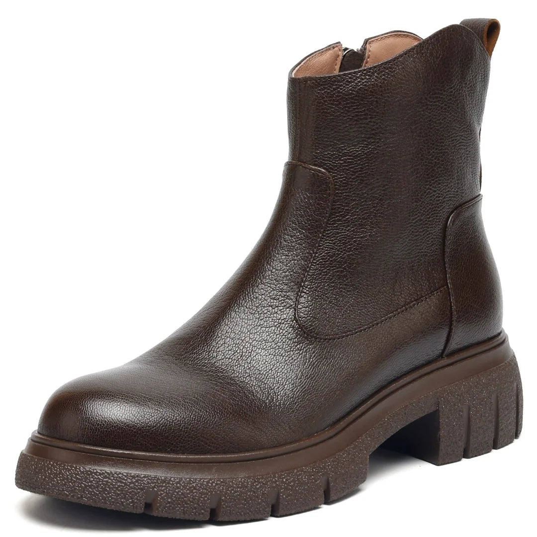 Women’s Genuine Sheepskin Ankle Boots with Side Zip – Round Toe, Soft Comfort, Thick Sole Casual Boots for Autumn