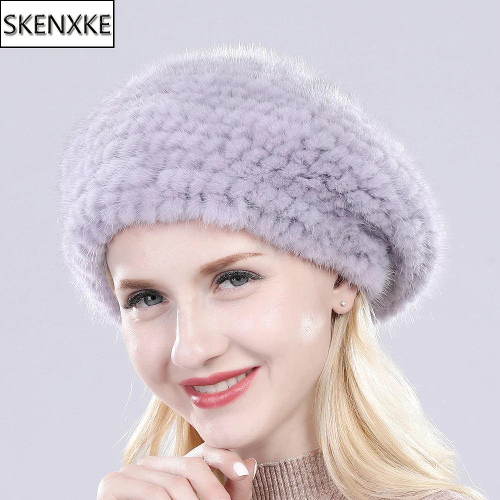 Hot Sale Winter Lady Natural Mink Fur Beanies Hat Knit Warm Striped Genuine Mink Fur Caps Women Good Elastic Real Mink Fur Hat