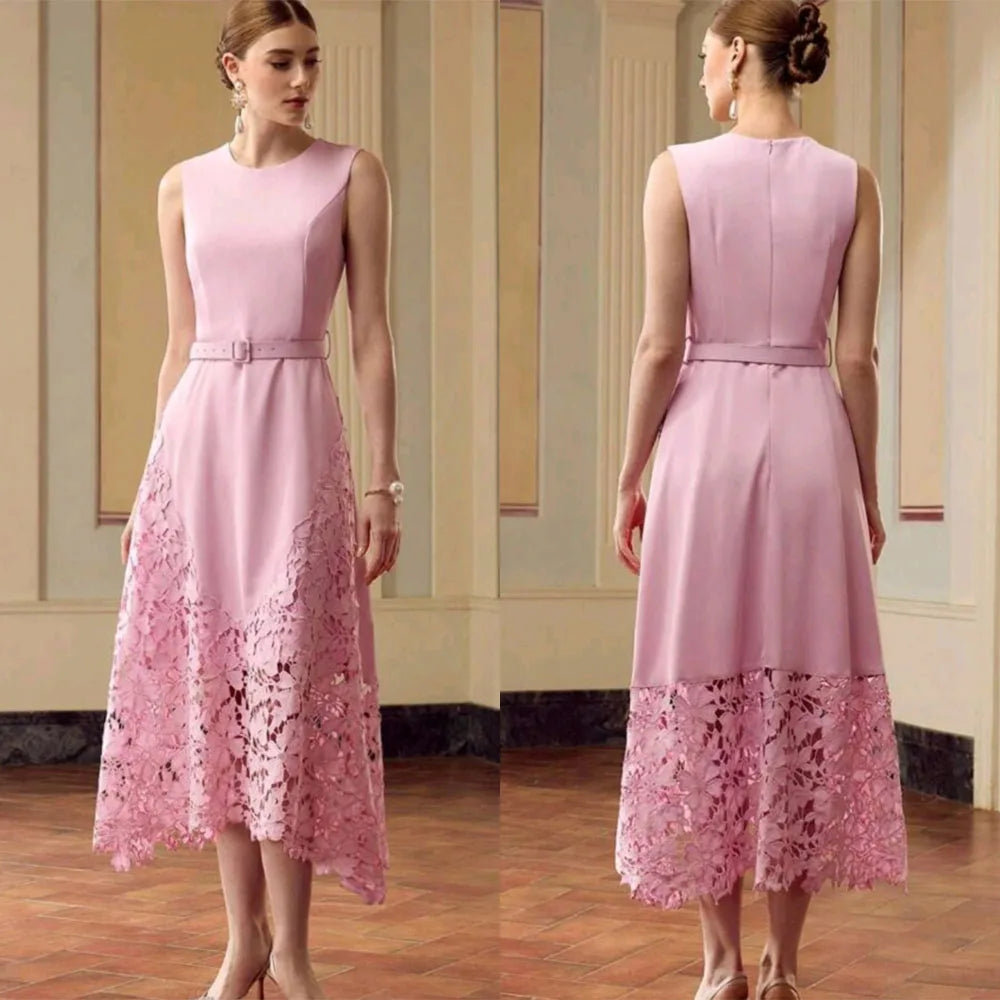 Customized Vintage Pink Lace Tea-Length Dress – Elegant O-Neck Sleeveless Satin Formal Party Dress with Belt - HER SHOP