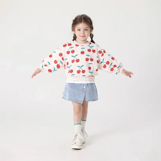 Girls Long Lantern Sleeve Sweatshirts Cherry Printed Round Neck Shirts Soft Cute Pullover Tops 231238 - HER SHOP