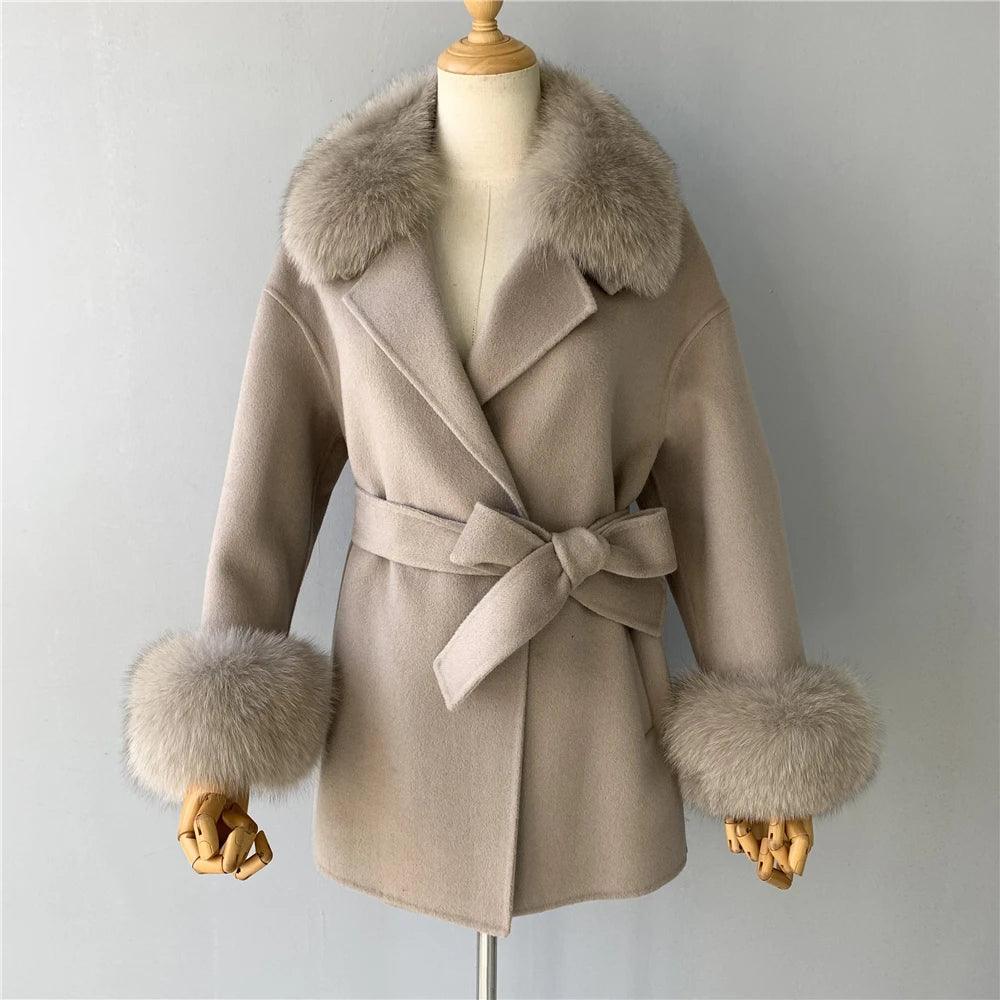 Women's Wool Coat with Real Fur - Elegant Medium-Length Cashmere Blend Coat for Autumn/Winter Fashion