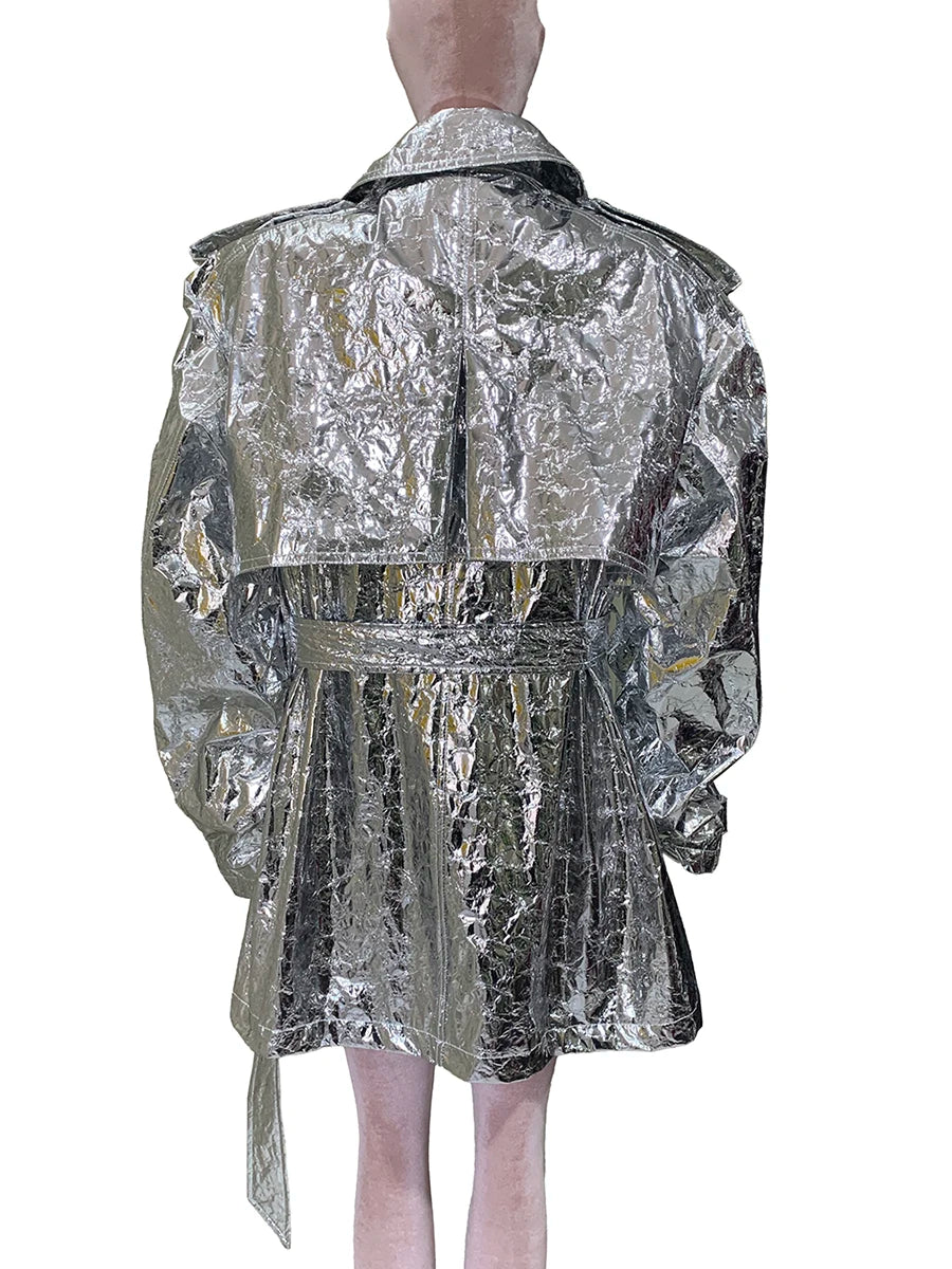 Autumn Oversized Shiny Silver Trench Coat for Women Belt Double Breasted European Fashion Emo Clothes Y2K Streetwear - HER SHOP