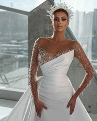Elegant Mermaid Wedding Dress with Illusion Neckline, Beaded Long Sleeves, and a Detachable Overskirt Media 4 of 6