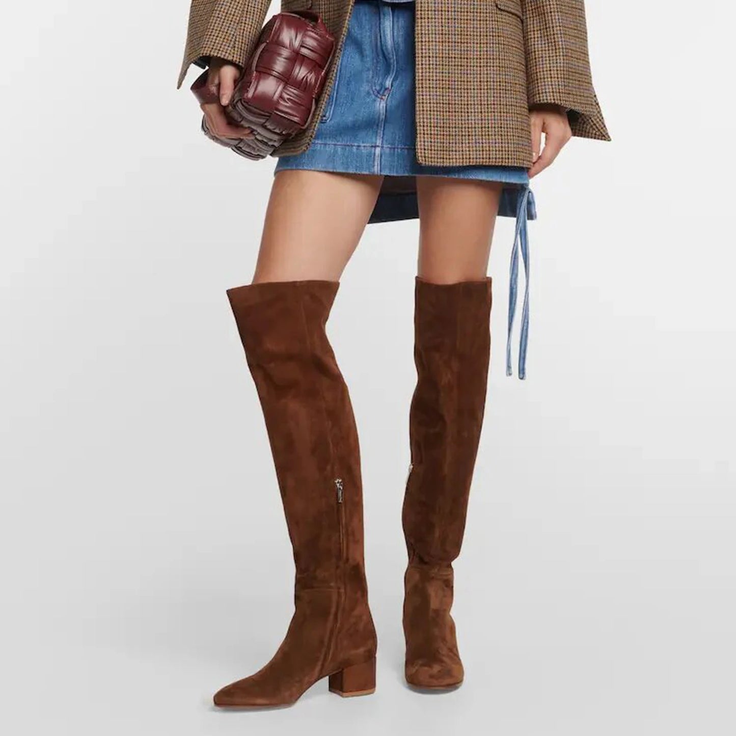 Plus Size Cow Suede Over-the-Knee High Heel Boots for Women – Retro Winter Long Boots with Zipper and Round Toe (Sizes 33–46)