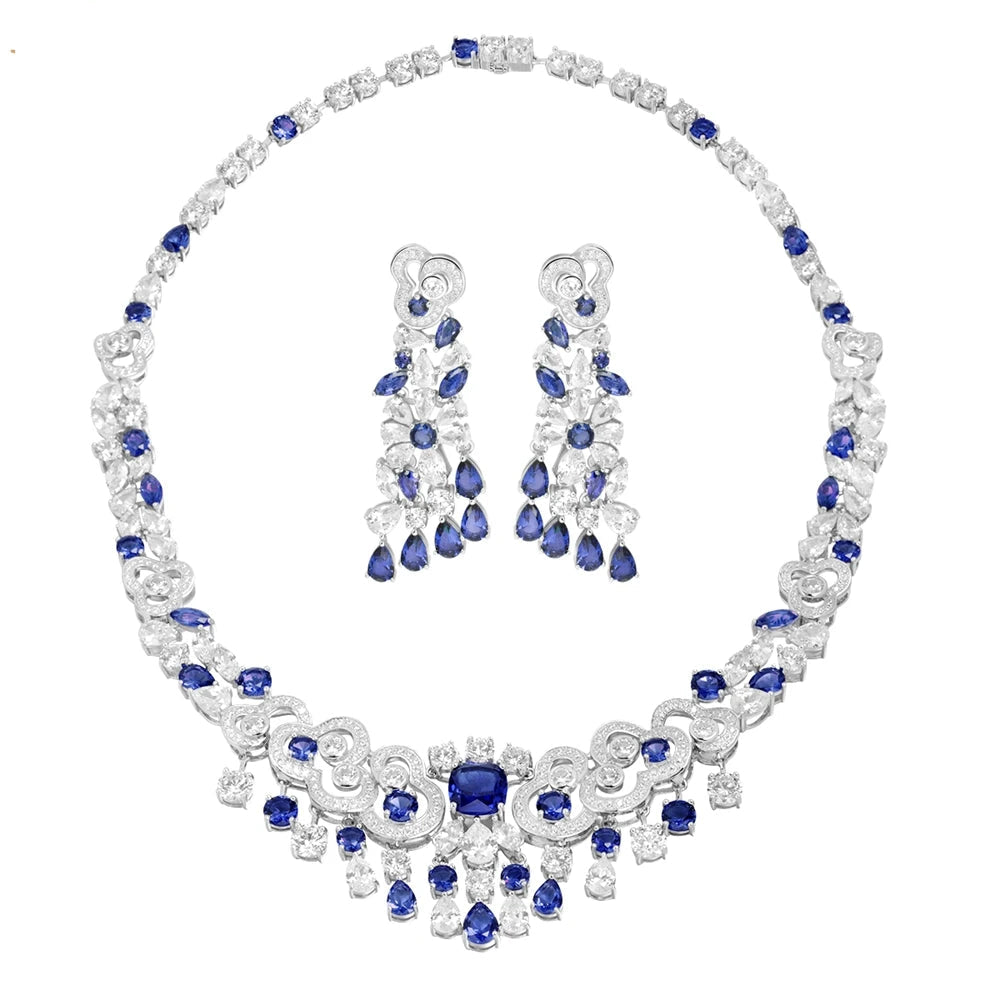Vintage 925 Sterling Silver Moissanite & Sapphire Jewelry Set â€“ Earrings & Necklace for Women