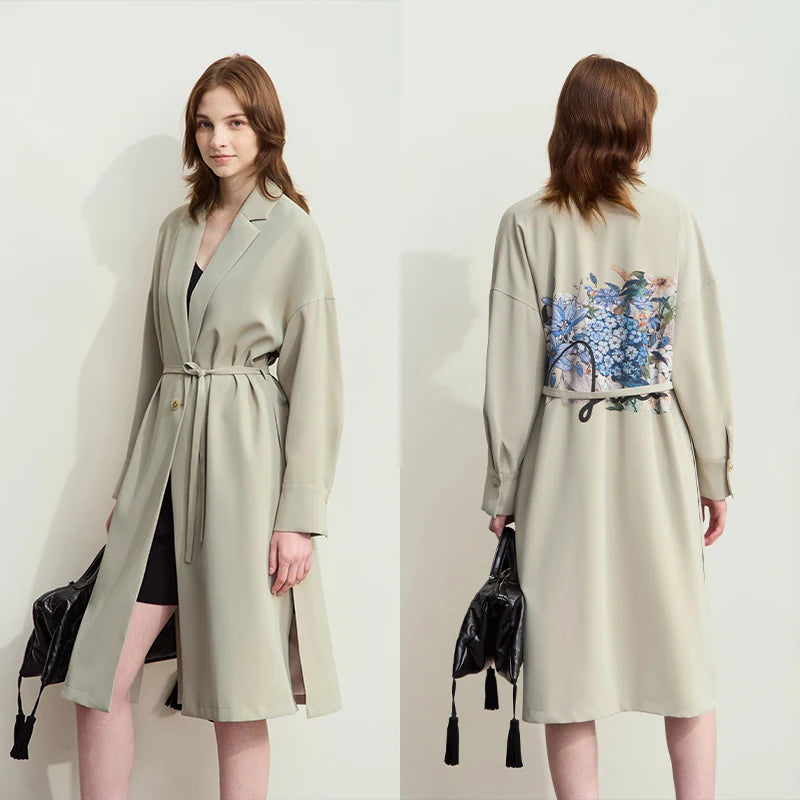Minimalist Women's Loose Trench Coat 2024 Autumn Lapel Collar Drop Cuff Hydrangea Print with Belt High Slit Coat 12453028