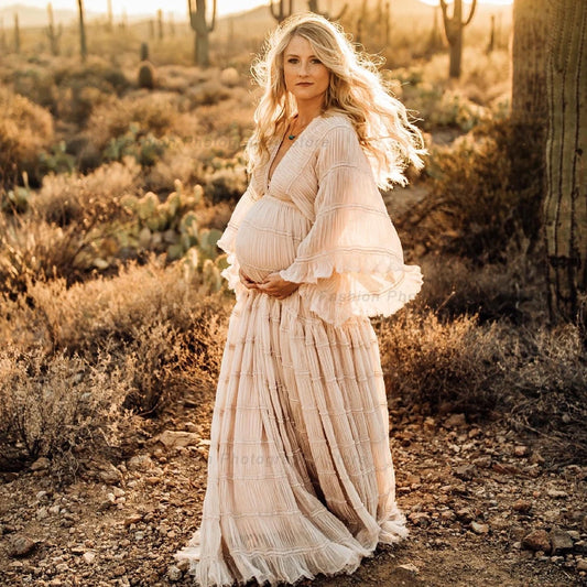 Bohemian V-Neck Long Sleeve Maternity Photography Dress ââ‚¬“ Pleated Chiffon Pregnancy Photoshoot Gown - HER SHOP
