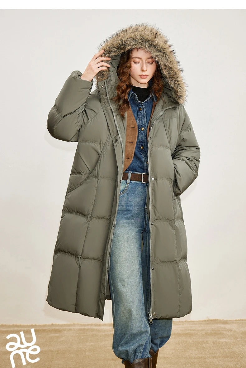 Women 90% White Duck Down Thick Down Jacket 2025 Winter New Fur Collar Hooded Extra Long Warm Jacket Coat
