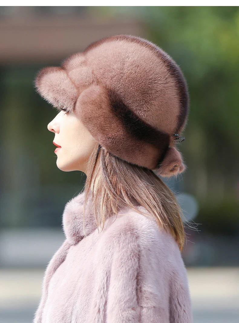 Real Mink Fur Hat for Women – Winter Thickened Whole Mink Fur Fisherman Hat with Ear Protection
