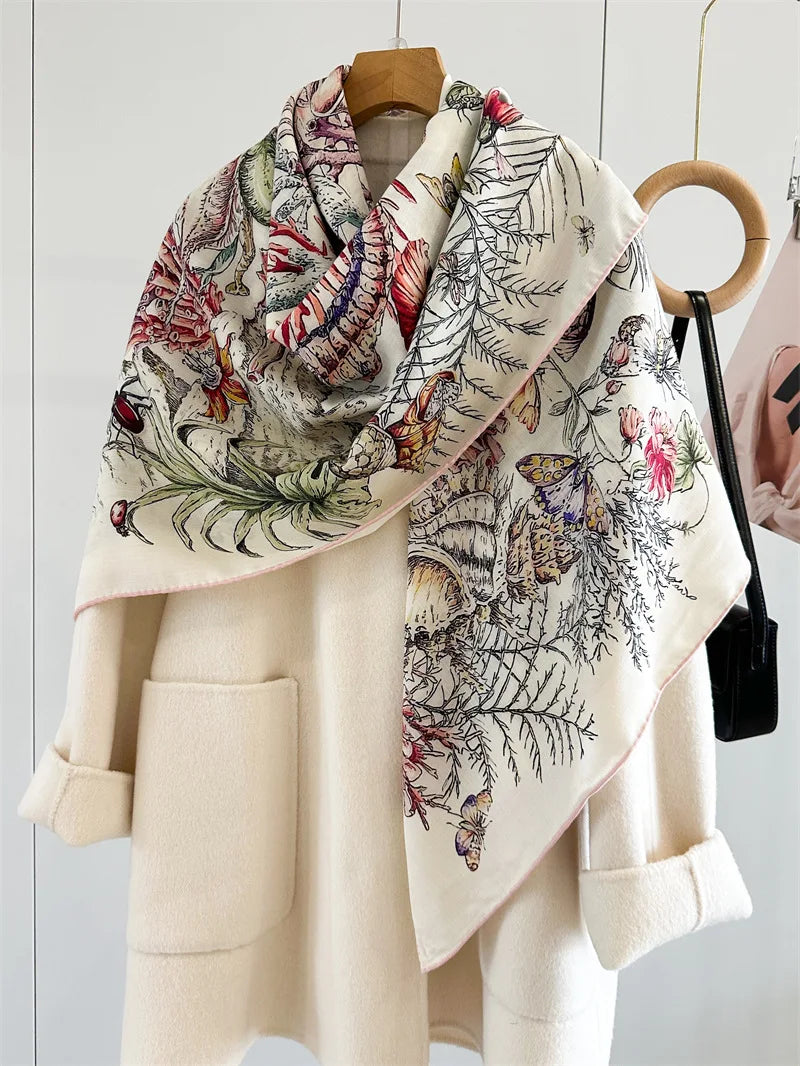 Winter Soft Scarf Double-Faced Printed Shawls Silk Wool Hand-rolled Edge Scarves Square Large Bandanas Shawls Christmas Gift