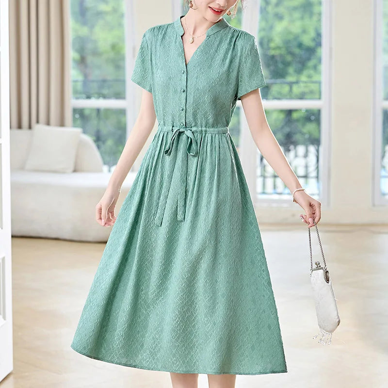 19 Momme Real Silk Elegant Fashion Dresses For Women 2026 Summer V-neck Short Sleeve Drawstring Office Lady Long Dress A-line