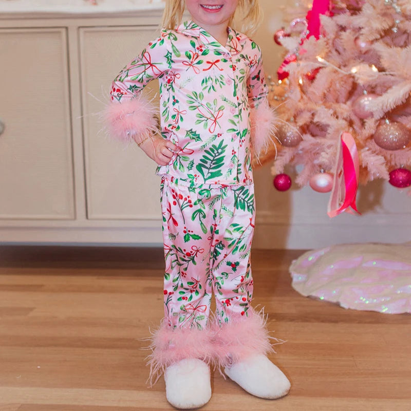 Christmas Leaves Print Mommy and Me Pajamas Set — Loose Top & Pants Family Matching Sleepwear