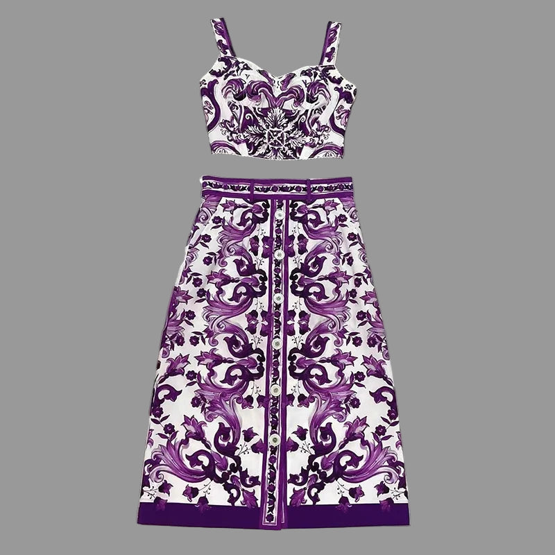 Elegant Women's Silk Top & Printed Cotton Skirt Set – 2-Piece Turn-Down Collar Outfit