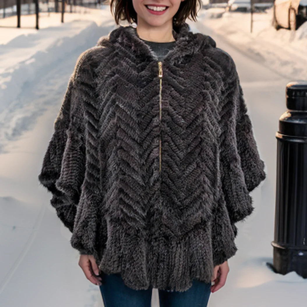 Luxury Real Knitted Mink Fur Cape with Hood – Ruffle Shawl Zipper Wrap for Women (Plus Size)
