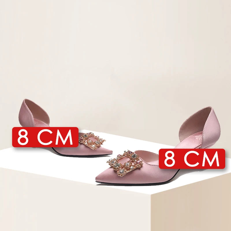 Women Spring Autumn Sweet Style Satin 5cm Medium High Heels Pointed Toe Slip-on Daily Wear Shoes