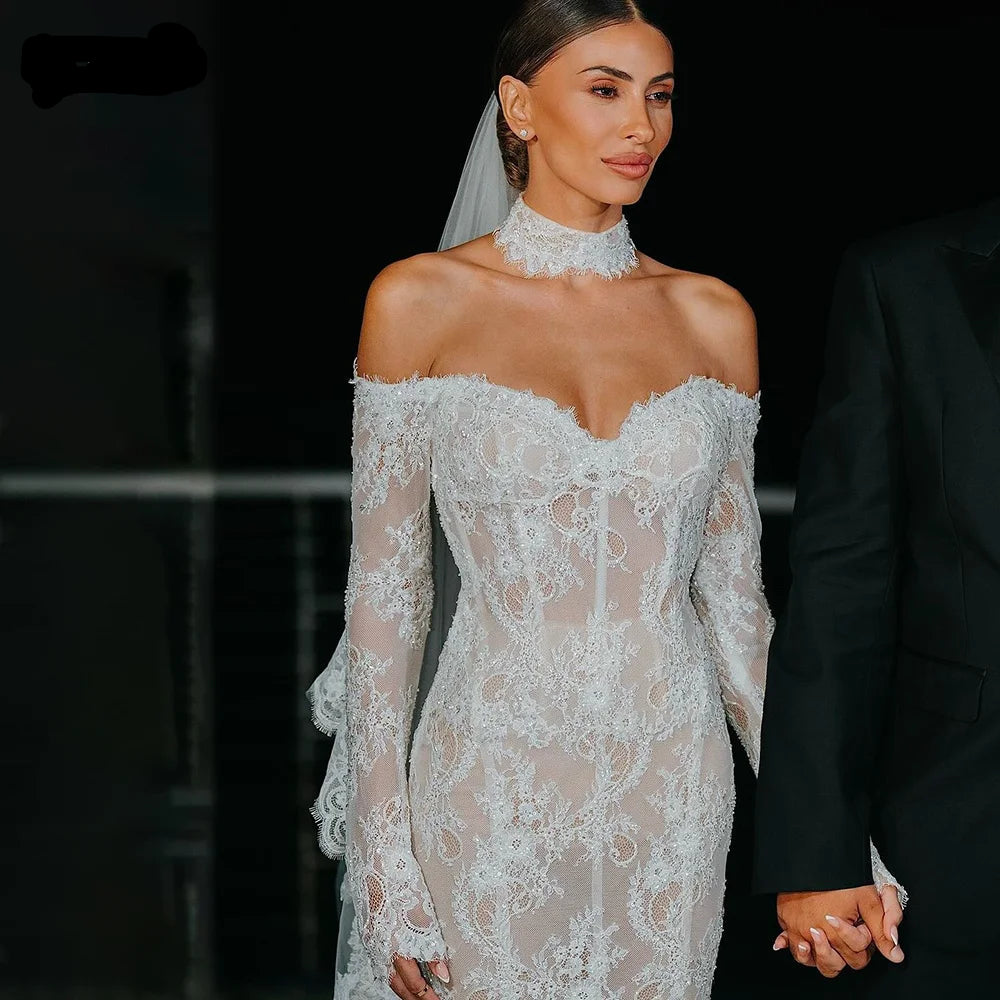 Vintage Lace Wedding Dresses Pearls Strapless Off Shoulder Mermaid Bridal Gown Applique Long Sleeve Bride Dress Customized - HER SHOP
