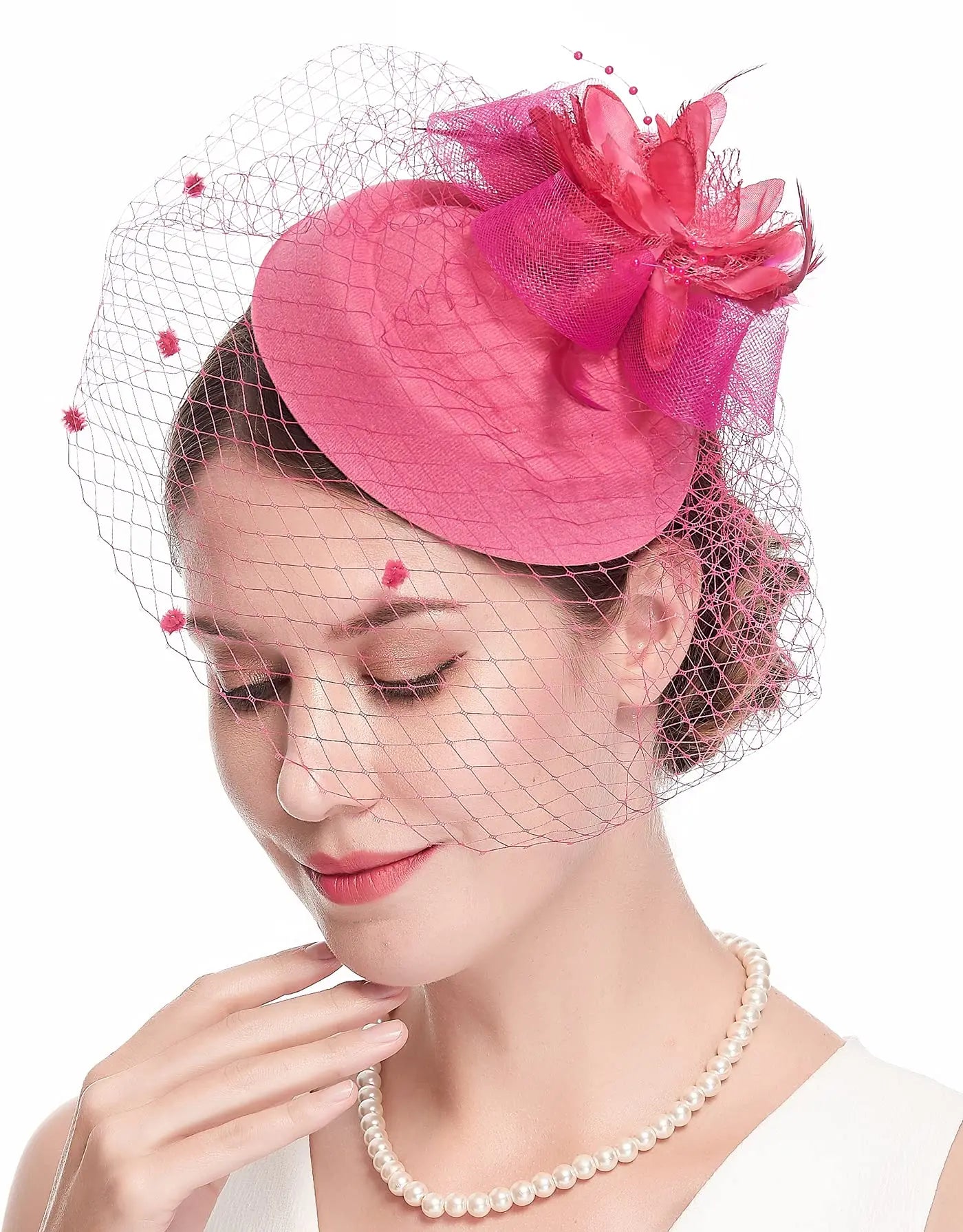 Vintage Fascinator Hat for Women – 20s/50s Pillbox Style with Flower & Veil for Kentucky Derby, Wedding, or Tea Party