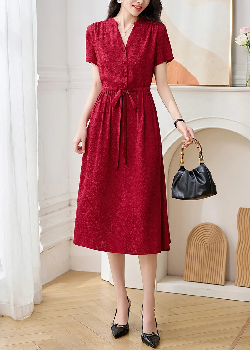 19 Momme Real Silk Elegant Fashion Dresses For Women 2026 Summer V-neck Short Sleeve Drawstring Office Lady Long Dress A-line