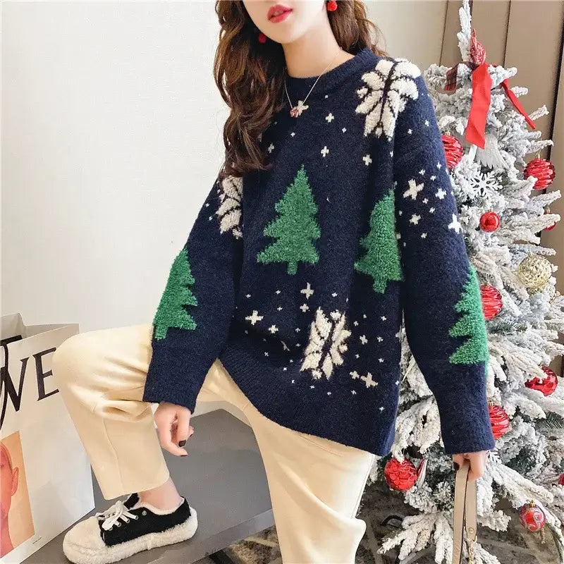 Autumn/Winter Color-Blocked Christmas Sweater – Women's Thickened Hoodie with Snowflake Design, Loose Round Neck, Cozy Lazy Style Top