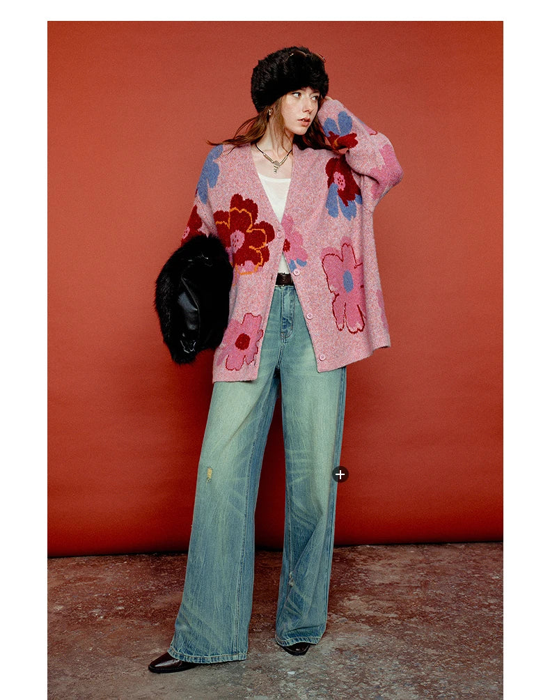 Women’s Floral Jacquard Knit Cardigan Coat – V-Neck Button Front Office-Style Jacket for Spring & Fall