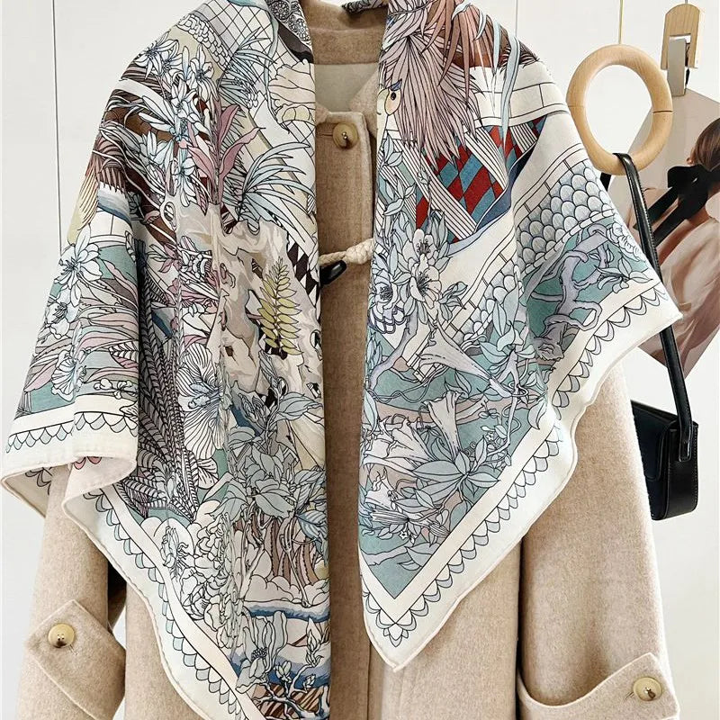 Women’s Large Square Wool & Silk Blanket Scarf – Double-Sided Printed Shawl Cape, 130×130cm