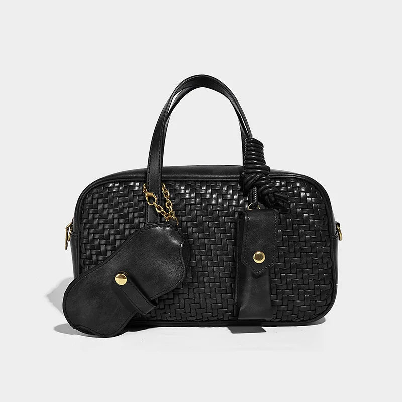 Women's Boston Bag 2025 Fall Winter New Woven Bowling Bag Unique Design Handheld Pack Trendy Light Luxury PU Leather Handbag