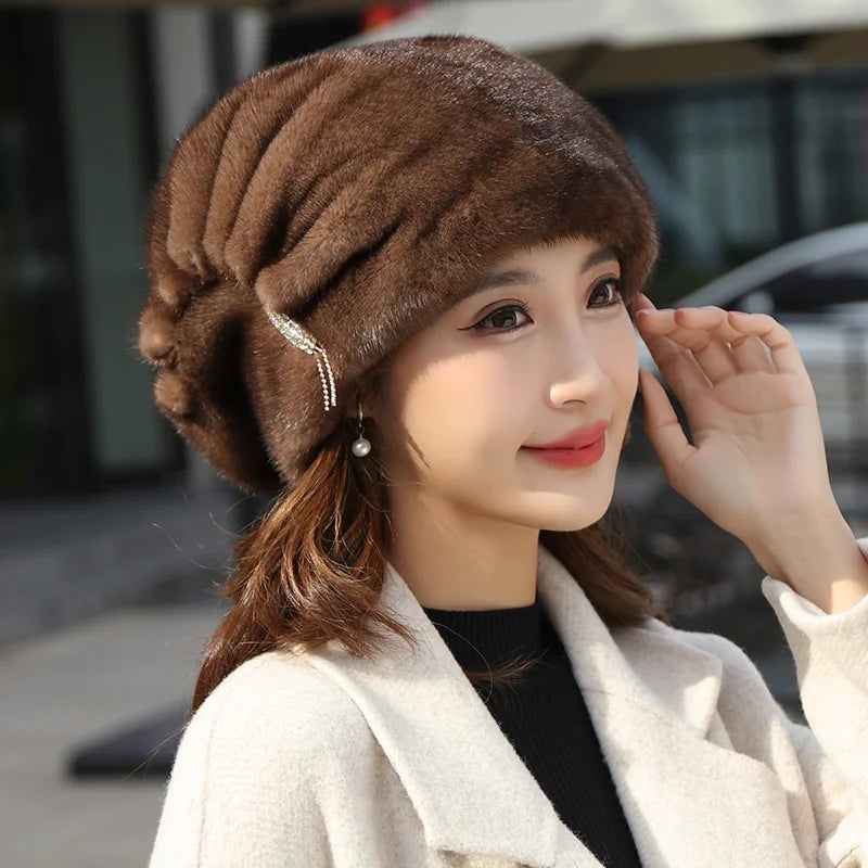 Whole Real Mink Fur Hat For Women's Caps Luxury Fashion Brand Real Fur Cap Christmas Hat Warm In Russian Winter Lady Fur Hat