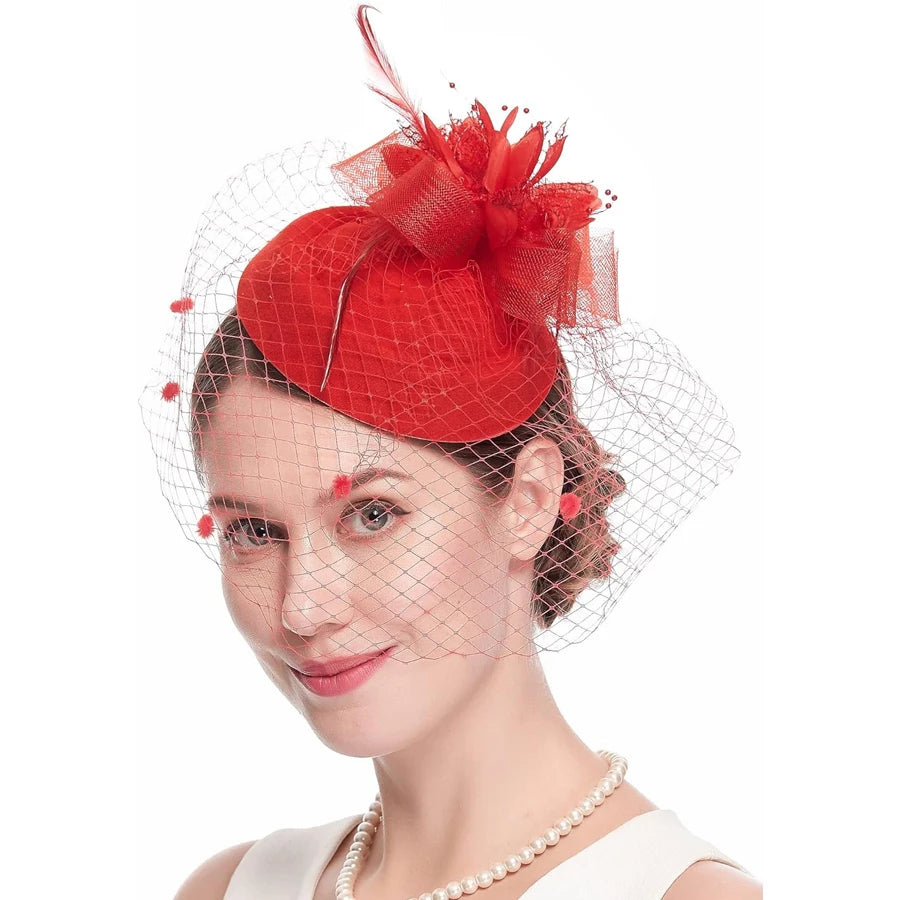 Vintage Fascinator Hat for Women – 20s/50s Pillbox Style with Flower & Veil for Kentucky Derby, Wedding, or Tea Party