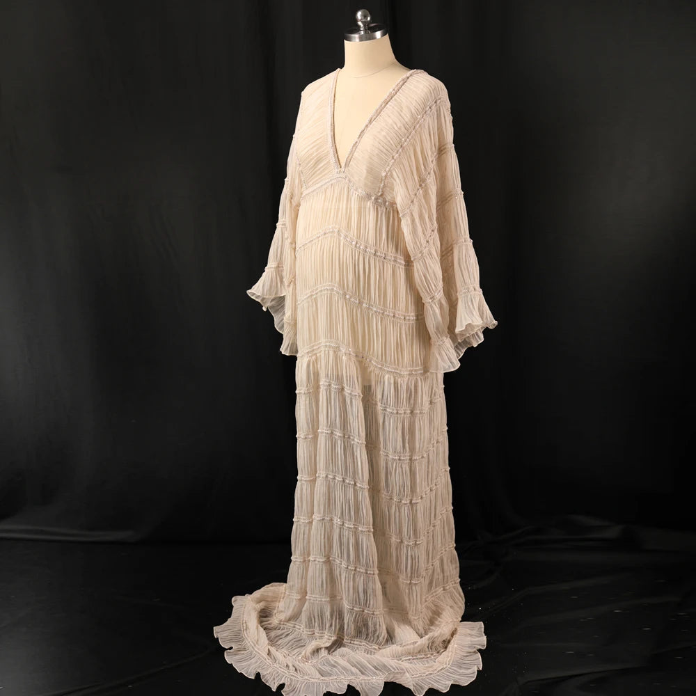 Bohemian V-Neck Long Sleeve Maternity Photography Dress â€“ Pleated Chiffon Pregnancy Photoshoot Gown
