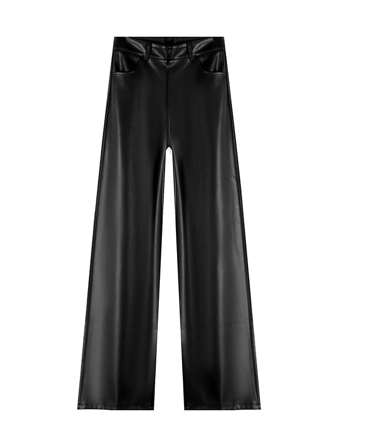 Fall Winter Fleece Loose Wide Leg Warm Leather Pants Women Button Pocket High Waist Thick PU Casual Straight Pants