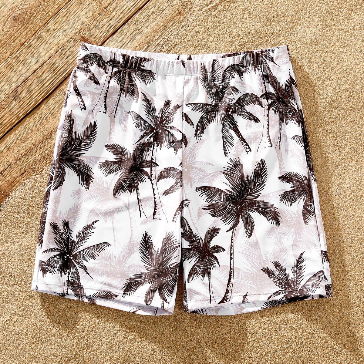 Family Matching Beach Outfits: Coconut Tree Print Swimwear – One-piece Swimsuit & Swim Trunks