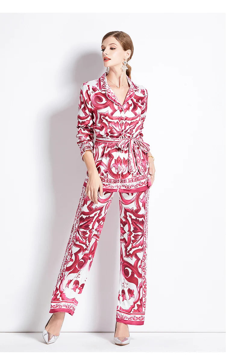 Gizelle High Street Runway Floral Print Notched Collar Blouse & Wide Leg Pants Fashion 2 Pieces Sets Women Chic Designer Outfits