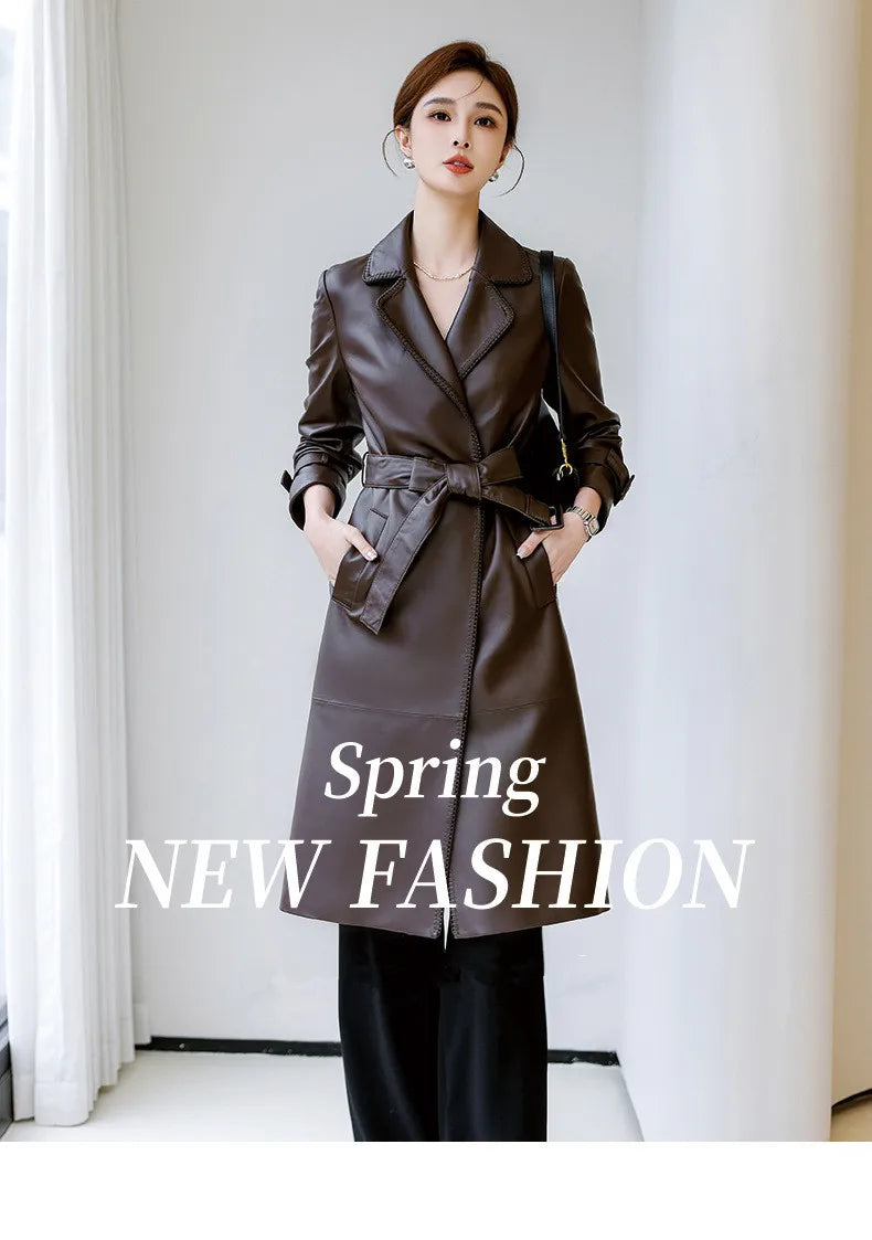 Women's Genuine Leather Trench Coat Lace-Up Long Slim Fit Spring Autumn Sheepskin Top