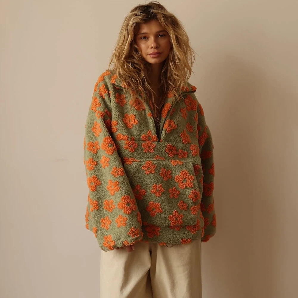 Fashion Print Contrast Pullover Oversized Zipper Knit Long-Sleeve Top  –  Casual, Warm Vintage Sweatshirt for Women, Perfect for Office Wear