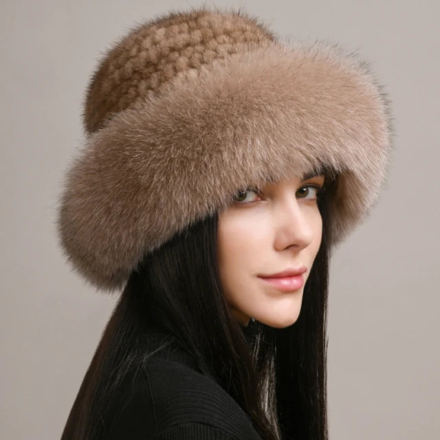 Luxury Knitted Mink Fur Hat with Real Fox Fur – Handmade Winter Fashion for Women