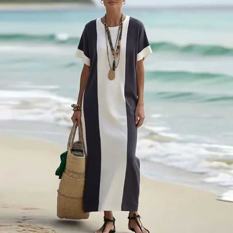 Retro Contrast Color Maxi Dress – Elegant O-Neck Short Sleeve Boho Vacation Dress with Side Slit for Women
