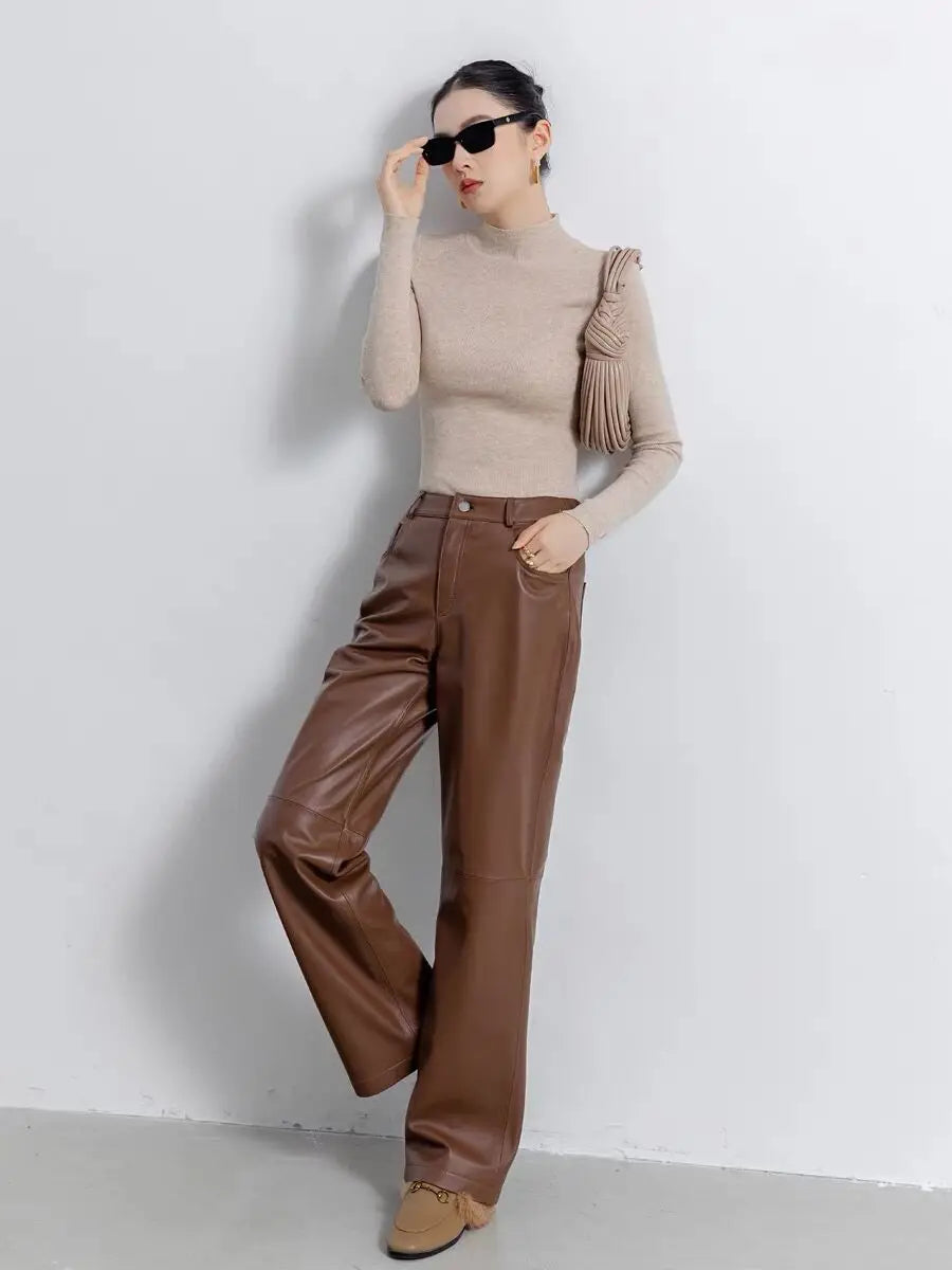 Leather Long Pants Women New Commuter Waist Slim Sheepskin Wide Leg Full Length Straight Cylinder Trousers